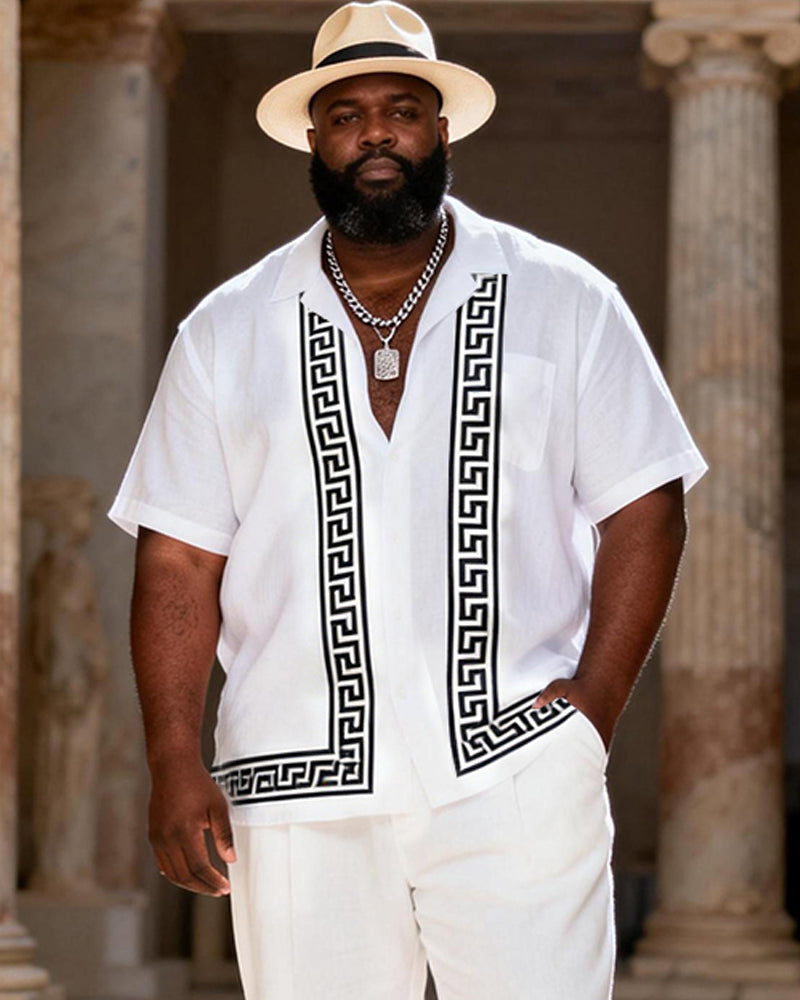 Big & Tall Men's White And Black Greek Printed Short Sleeve Shirt Trousers Set