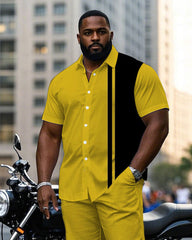 Men's Plus Size Fashion Yellow & Black Simple Short Sleeve Shirt Pants Suit