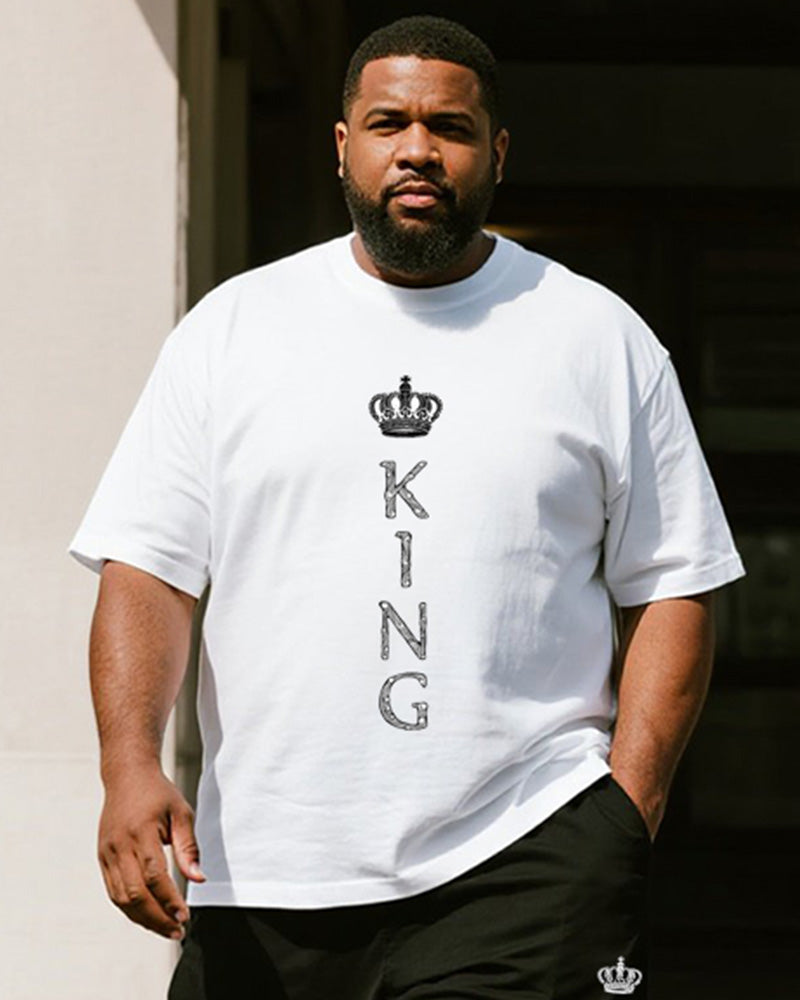 Big & Tall Men's Crown King Alphabet Print Round Neck Short Sleeve T-Shirt Shorts Suit