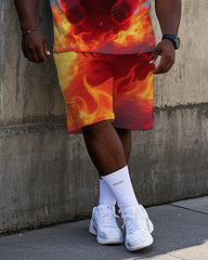 Big Men's Angry Fire Bear Printed Street Fashion Short Sleeve T-Shirt Shorts 2-piece Set