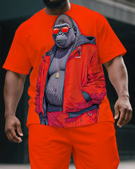 Men's Casual Uninhibited Cartoon Gorillas Print Summer Big & Tall Short-Sleeve T-shirt & Short Set