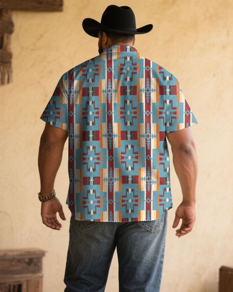 Men's Plus Size Western Denim Classic Color Print Short Sleeve Shirt