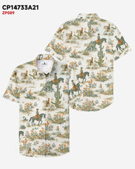 Cactus & Horse Heroes Quartet Continuous Cloth Printed Cotton Blend Short Sleeve Button-Up Shirt