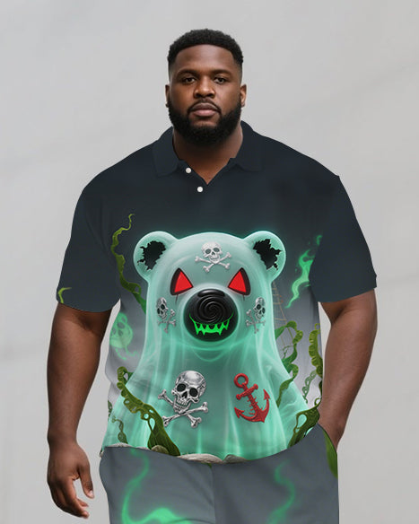 Big Men's Street Fashion Ghost Bear Printed Casual Short-Sleeve Polo Shirt Shorts Set