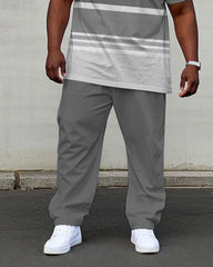 Men's Plus Size Black Gray Thick Striped Short Sleeve T-shirt Trousers Suit
