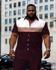Men's Plus Size Retro Fuchsia & White Colorblock Short Sleeve Shirt Pants Suit