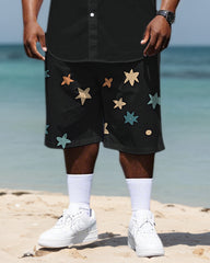 Big Men's Street Fashion Splicing Color Block Starts Printed Short Sleeve Shirt Shorts Set