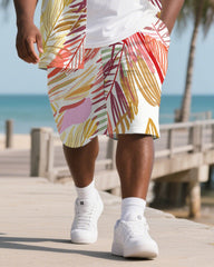 Big Men's Modern Fashion Palm Leaves Hawaiian Theme Short Sleeve Shirt Shorts 2-Piece Suit