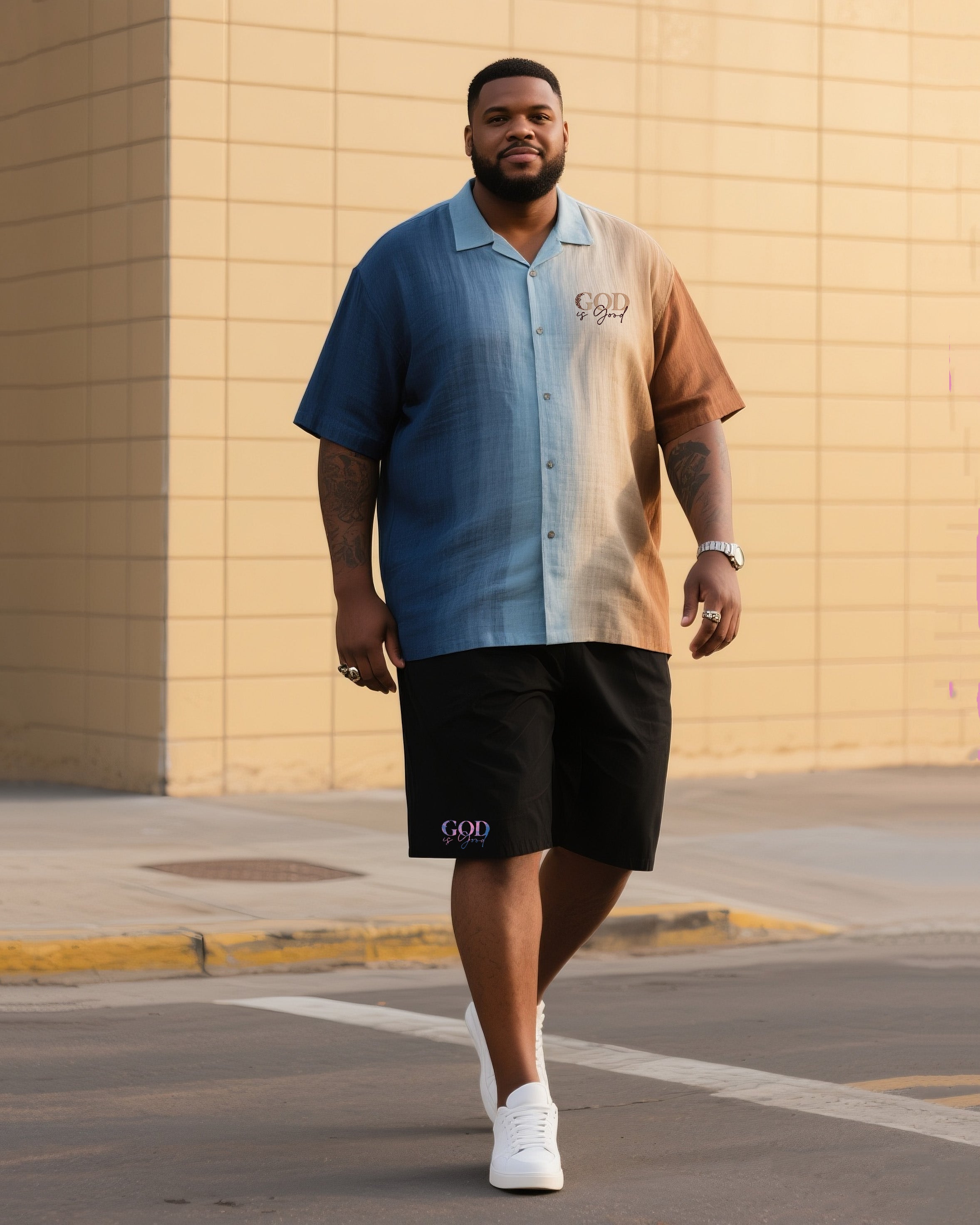 Big Men's Gradient Short Sleeve Shirt Shorts Suit