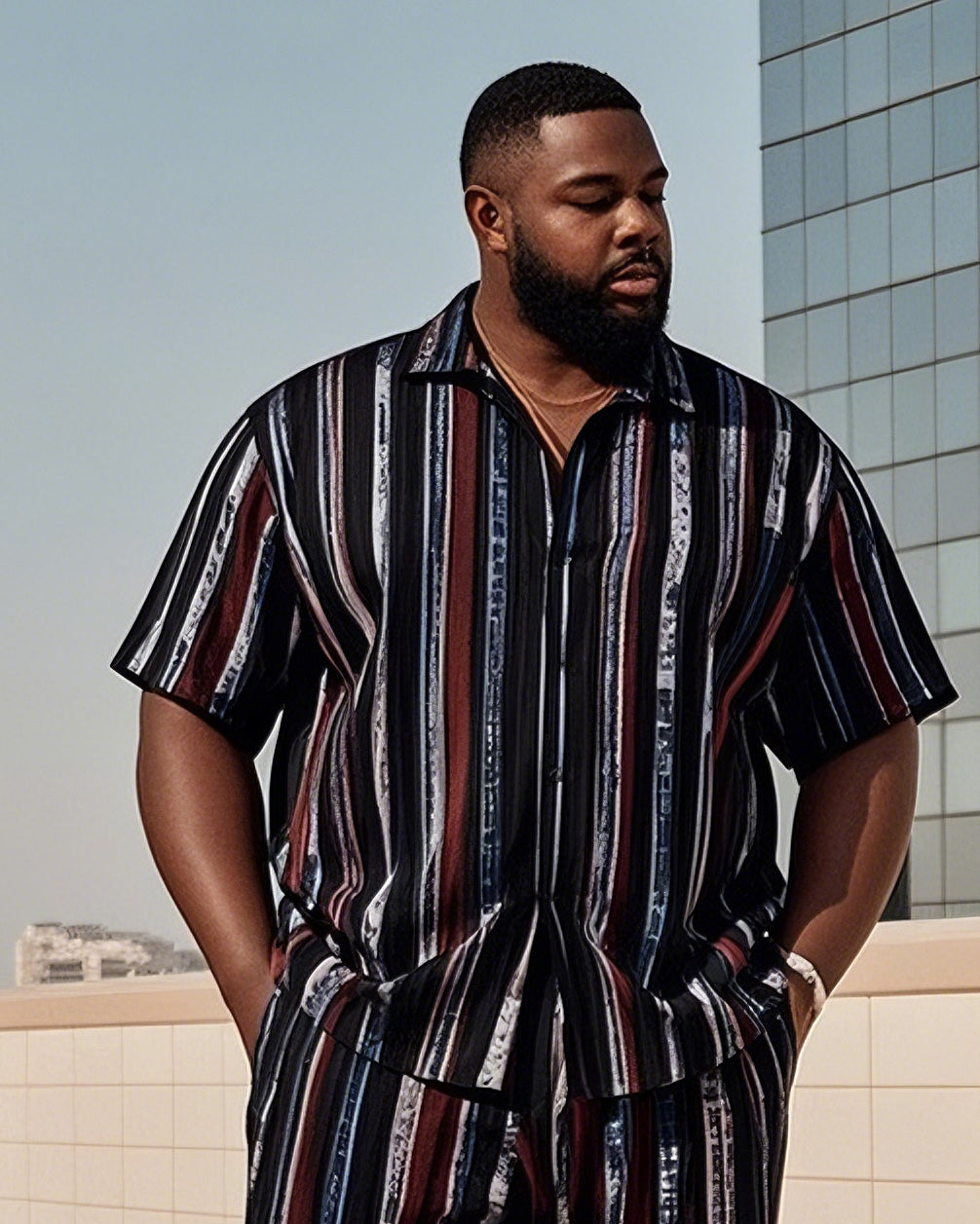 Big Men's-Retro Daily Casual Striped Color Block Printed Short Sleeve Shirt Shorts Suit