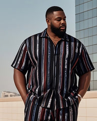 Big Men's-Retro Daily Casual Striped Color Block Printed Short Sleeve Shirt Shorts Suit
