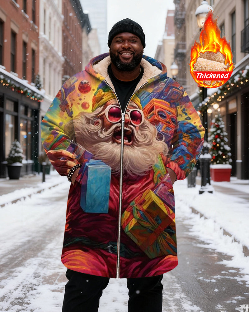 Big & Tall Men's Colorful Abstract Santa Claus Gift Printed Velvet Thickened Long Hooded Coat