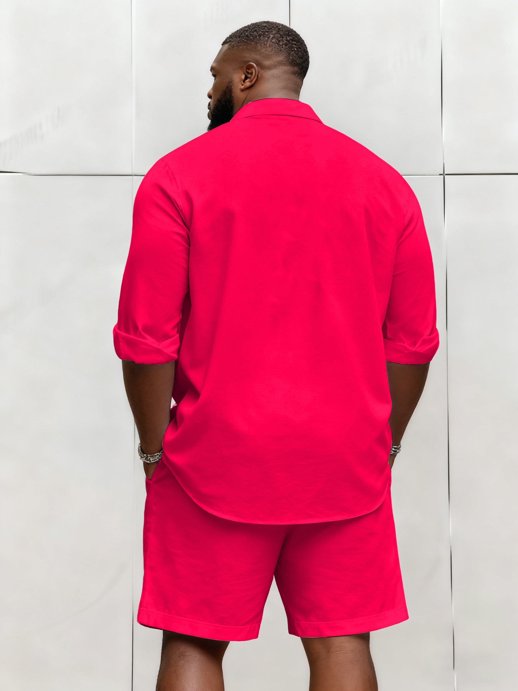 Big & Tall Men's Business Solid Color Long Sleeve Shirt Shorts Set