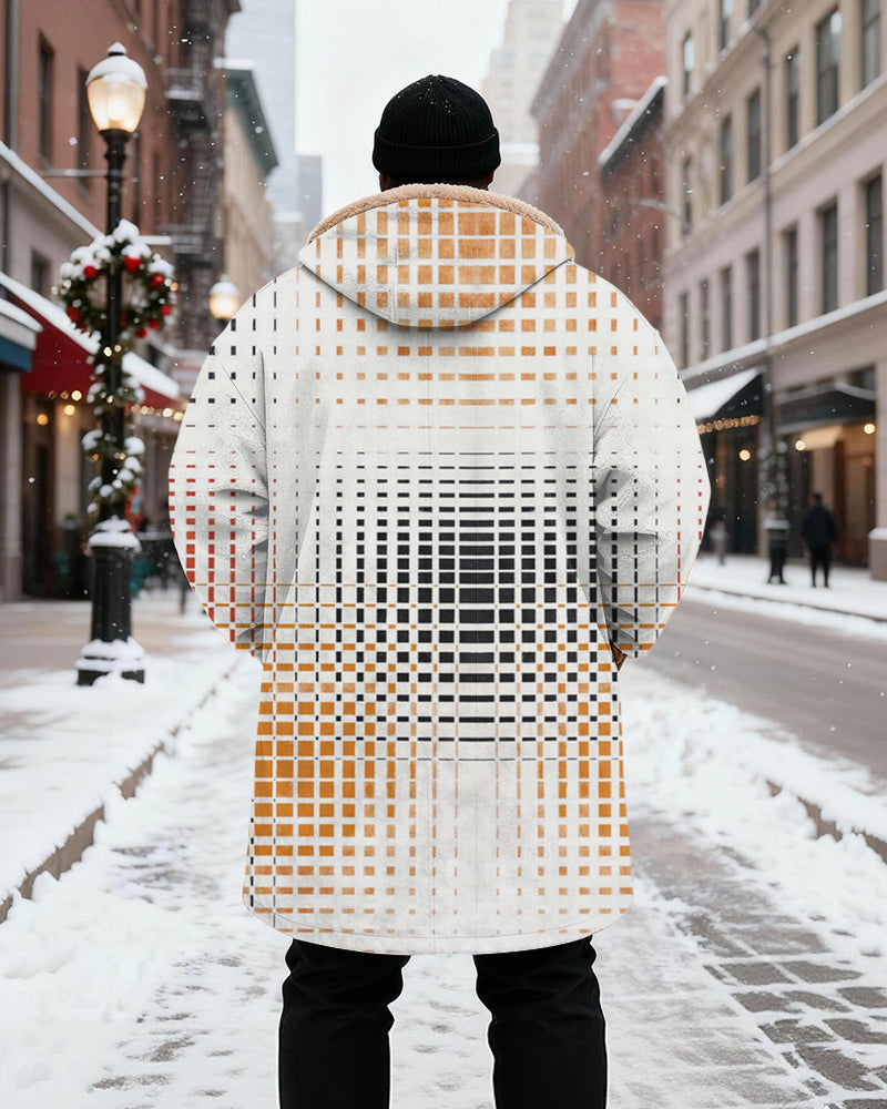 Big & Tall Men's White Brown Black Check Gradient Printed Velvet Padded Long Hooded Coat