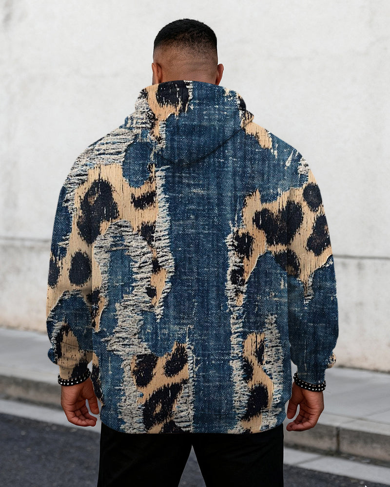 Big & Tall Men's Faux Leopard Denim Graffiti-Print Hoodie