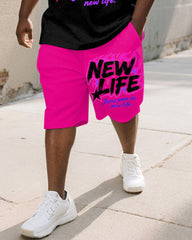 Men's Plus Size Flame Pink New LIFE Alphabet Print Round Neck Short Sleeve T-Shirt Shorts Suit