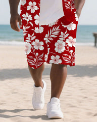 Big Men's Elegant Flower Plant Hawaiian Theme 2-Piece Short Sleeve Shirt Shorts Suit