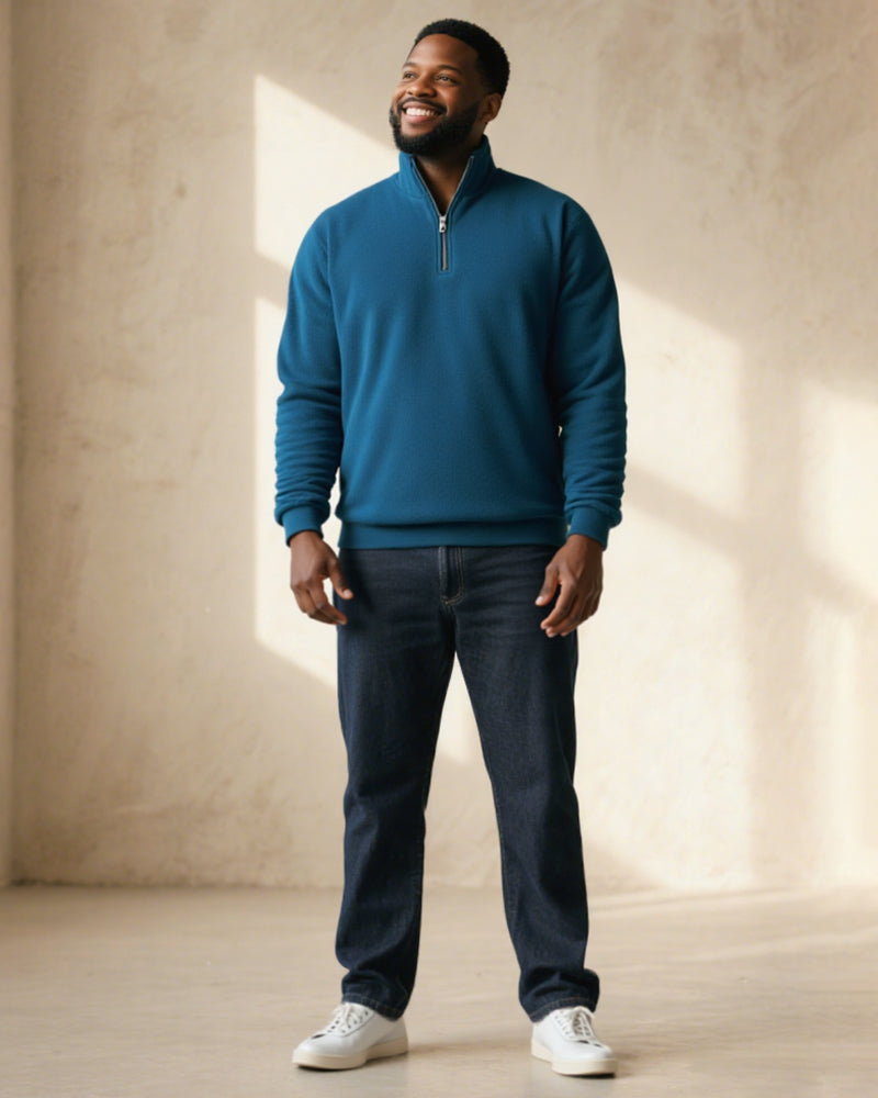 Big & Tall Men's Blue-Fall/Winter Solid Color Polar Fleece Fabric Metal Zipper Collar POLO Long Sleeve