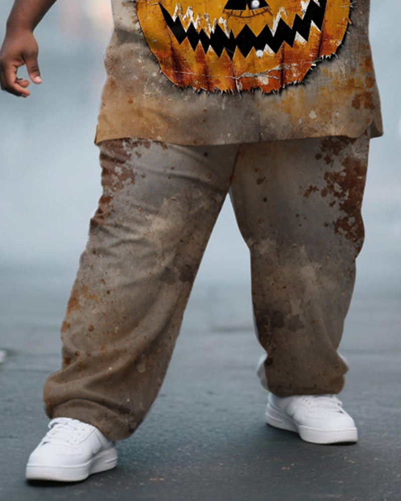Big & Tall Men's Halloween Rust Mottled Pumpkin Expression Print Short Sleeve Shirt Pants Suit
