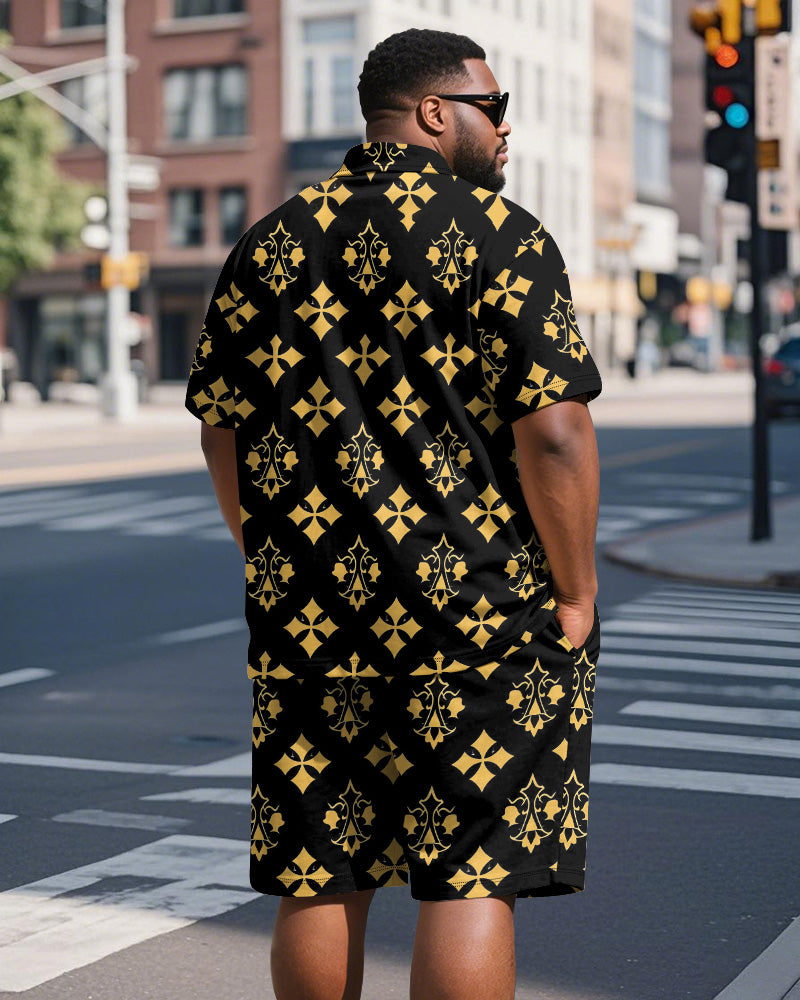 Big & Tall Men's Business Black And Yellow Color Block Diamond Printed Short Sleeve Polo Shirt Shorts Suit