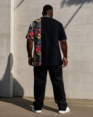 Men's Plus Size Black Ethnic Pattern Stitching Printed Short Sleeve T-shirt Trousers Suit