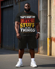 Big Men's Simple Letter Style FIX STUFF Street Fashion Short Sleeve T-Shirt Shorts Set