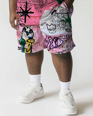 Men's Plus Size Street Pink Graffiti Print Short Sleeve T-Shirt Shorts Suit