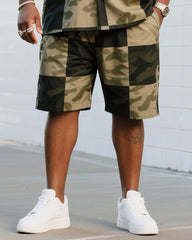 Big Man's Daily Casual Big Block Puzzle Creative Camouflage Short Sleeve Shirt Shorts Suit