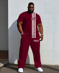 Men's Plus Size Casual Wine Red Color-block Line Chest Small Label Printed Short-sleeved T-shirt Trousers Suit