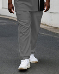 Men's Plus Size Black Grey Colorblock Stripe Geometric Print Henry Collar T-Shirt Pants Suit