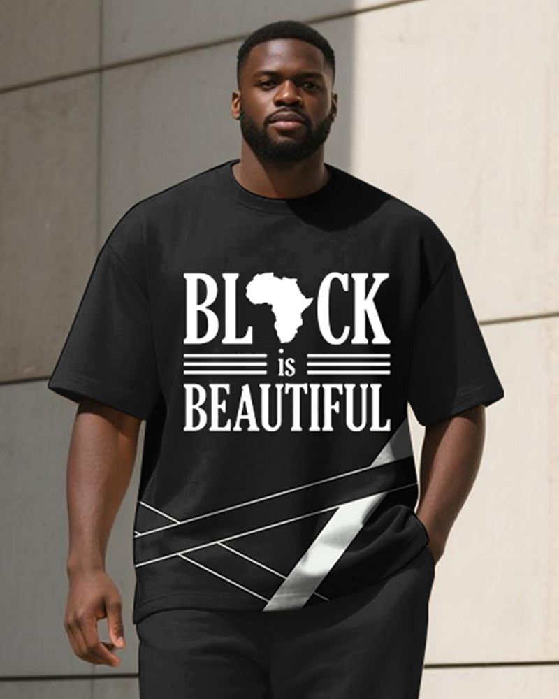 Men's Plus Size Black Color-block Geometric Stripe Alphabet Print T-shirt Trousers Suit