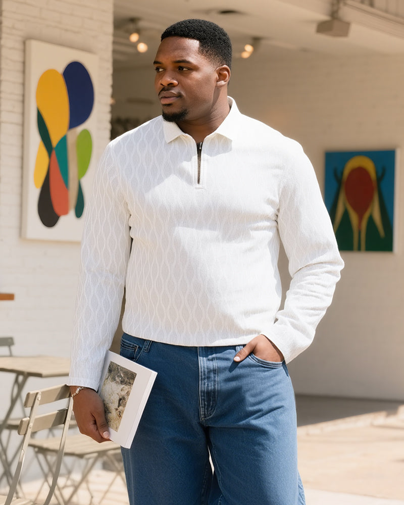 Big & Tall Men's White-Autumn And Winter Jacquard Texture Knitted Fabric Metal Zipper Long Sleeve POLO Shirt