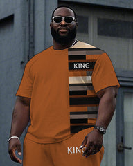 Big Men's Retro Plaid Color Block Splicing Style KING Letter Printed Short Sleeve T-shirt Pants Set