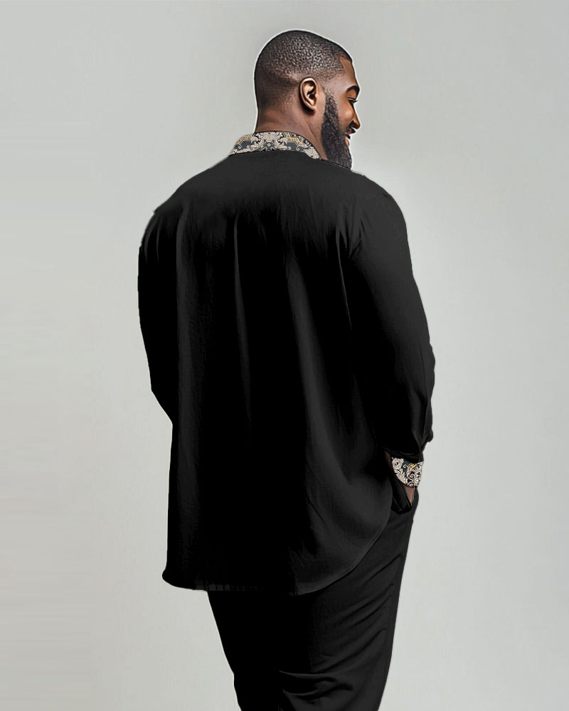 Men's Big & Tall Vintage Luxury Classical Pattern Print Lapel Long Sleeve Shirt