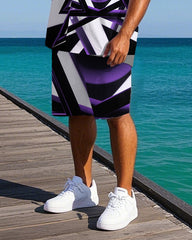 Big Men's Simple Triangle Geometric Pattern Printed Short-Sleeve Shirt and Shorts Set