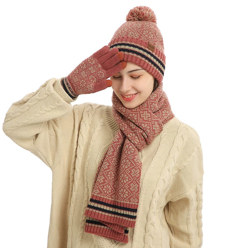 Knitted Retro Pattern Hat Thickened Scarf Touch Screen Gloves Three-piece Set