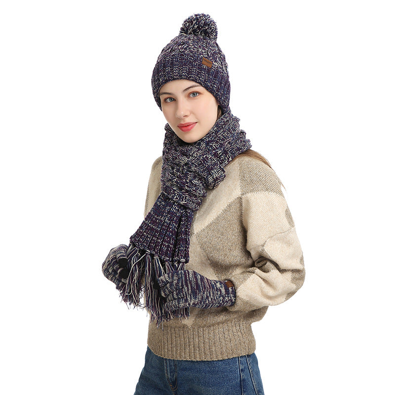 Knitted Mixed Color Hat Thickened Scarf Touch Screen Gloves Three-piece Set