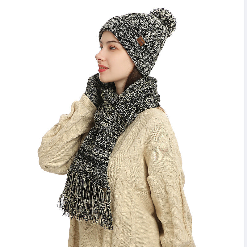 Knitted Mixed Color Hat Thickened Scarf Touch Screen Gloves Three-piece Set