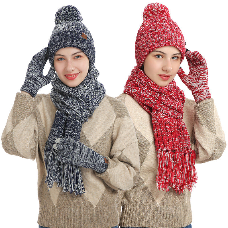 Knitted Mixed Color Hat Thickened Scarf Touch Screen Gloves Three-piece Set