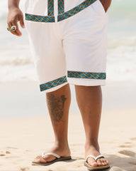 Big Men's Vacation Casual Bohemian Style Green Vintage Striped Edge Textured White Short Sleeve Shirt Shorts Suit