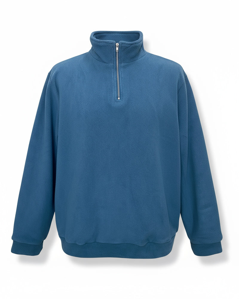 Big & Tall Men's Blue-Fall/Winter Solid Color Polar Fleece Fabric Metal Zipper Collar POLO Long Sleeve