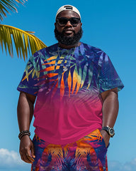 Big & Tall Men's Hawaiian Purple Gradient Leaf Print Round Neck Short Sleeve T-Shirt Shorts Suit