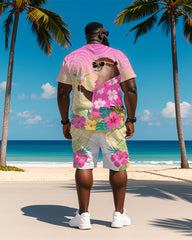 Men's Plus Size Hawaiian Pink Otter Drinking Cocktail Print Short Sleeve T-Shirt Shorts Suit