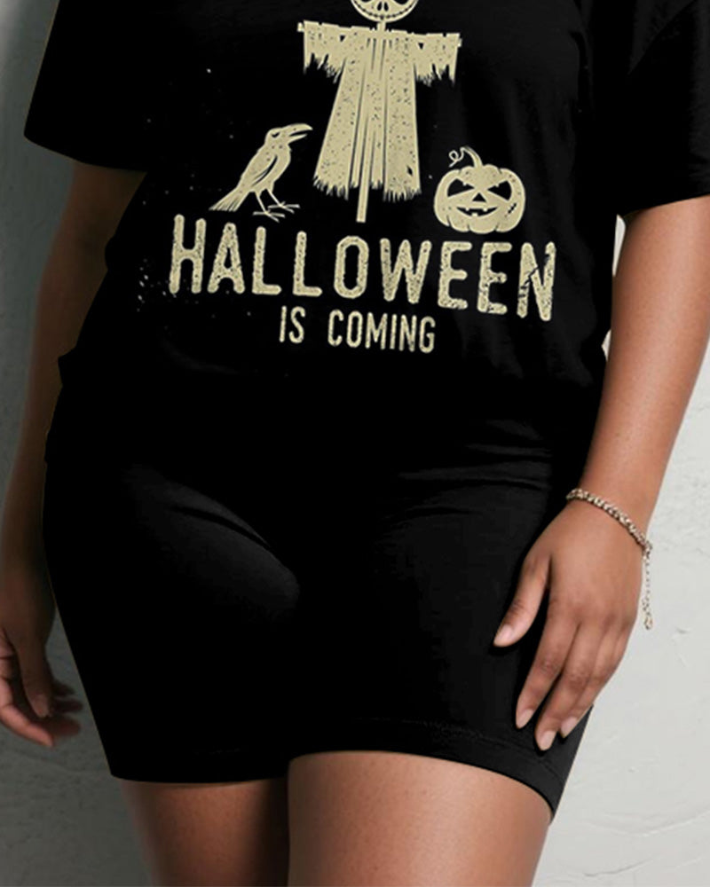 Women's Big & Tall Halloween Letters Graffiti Print Short Sleeve Shorts Suit