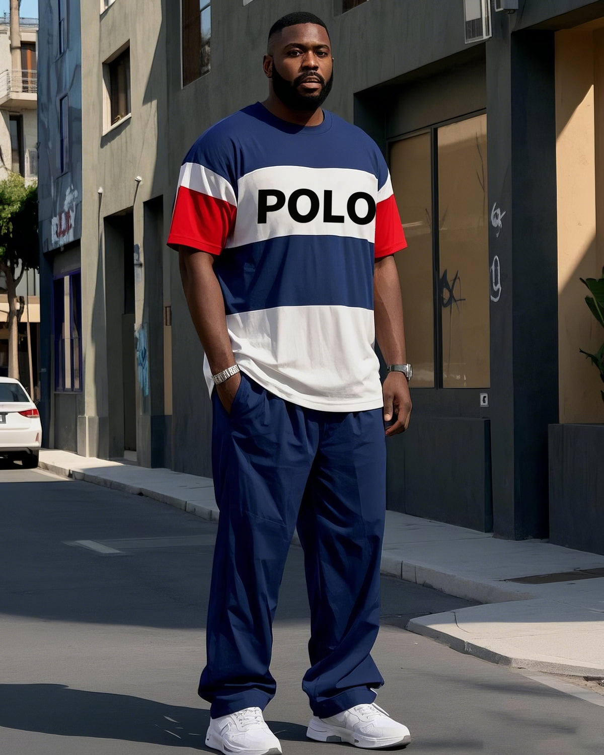 Plus Size Men's Simple Black Blue Red Stripe POLO Letter Printing Casual Short-sleeved T-shirt Pants Suit