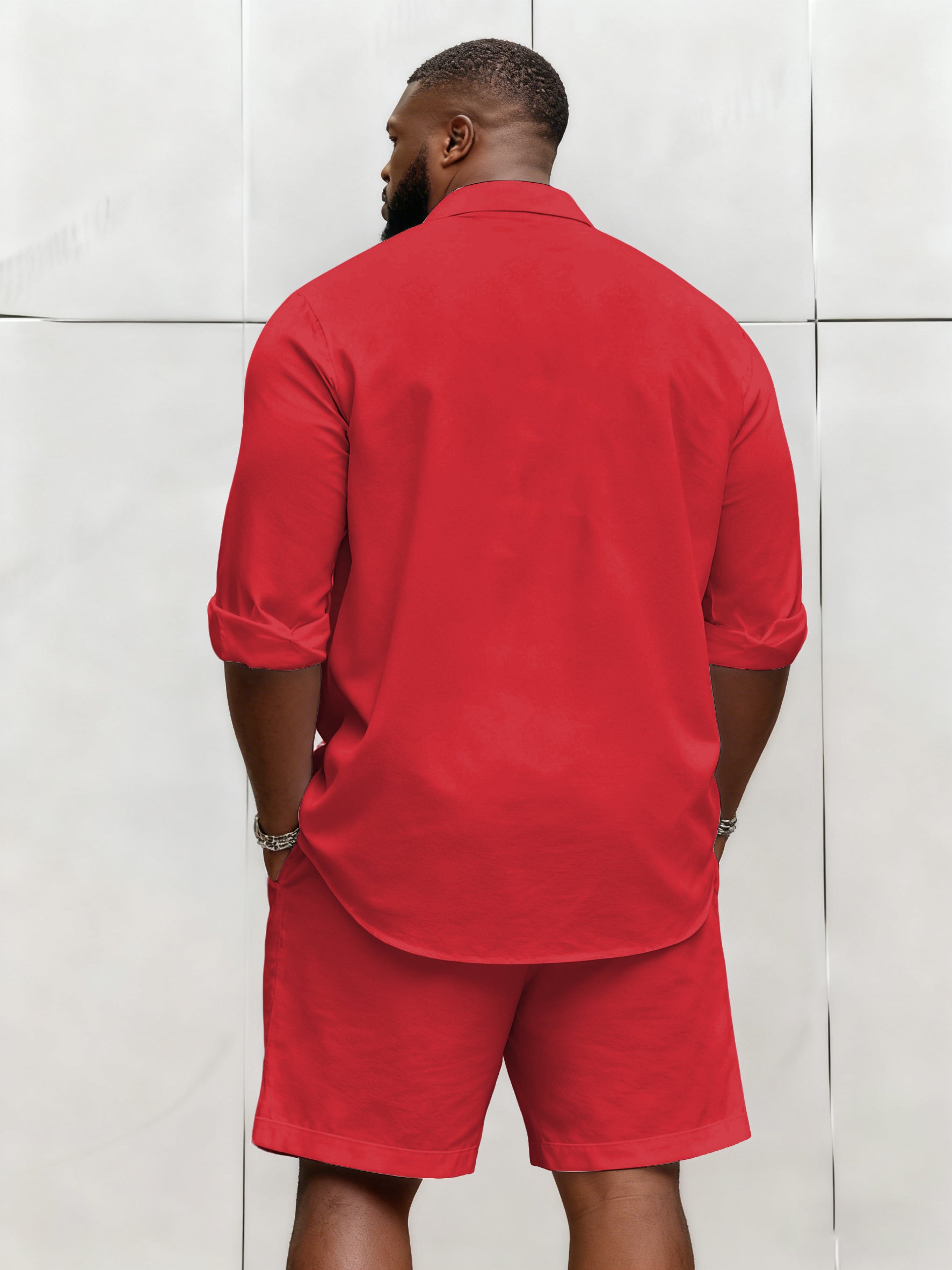 Big & Tall Men's Business Solid Color Long Sleeve Shirt Shorts Set