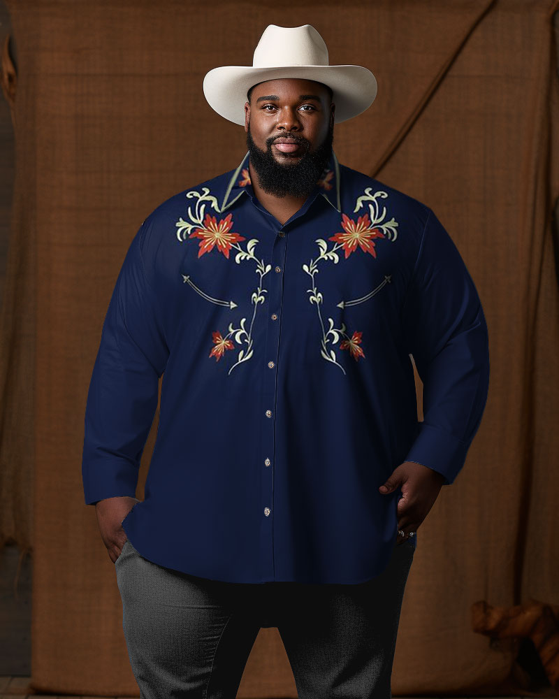 Men's Large Size Western Denim Floral Totem Pattern Lapel Long Sleeve Shirt