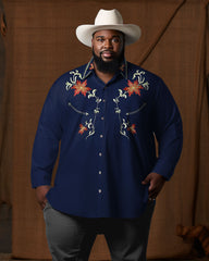 Men's Large Size Western Denim Floral Totem Pattern Lapel Long Sleeve Shirt