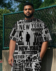 Men's Street Fashion Newspaper NEW YORK Printed Big & Tall Short Sleeve T-shirt Pants Set