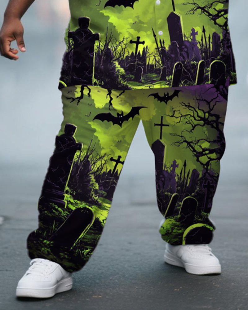 Big & Tall Men's Halloween Purple Green Graffiti Cross Print Short Sleeve Shirt Trousers Suit